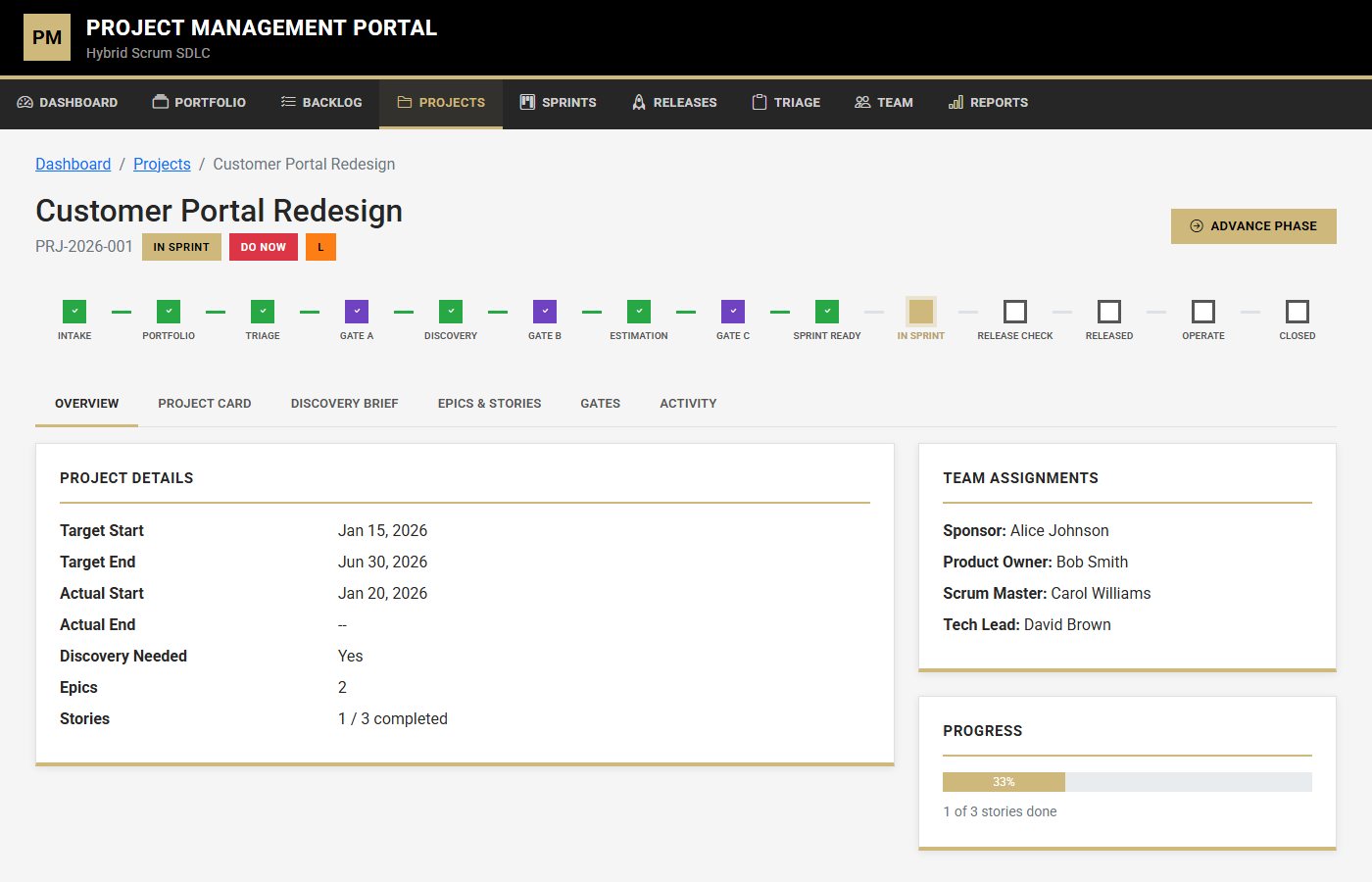 Project detail with the SDLC timeline